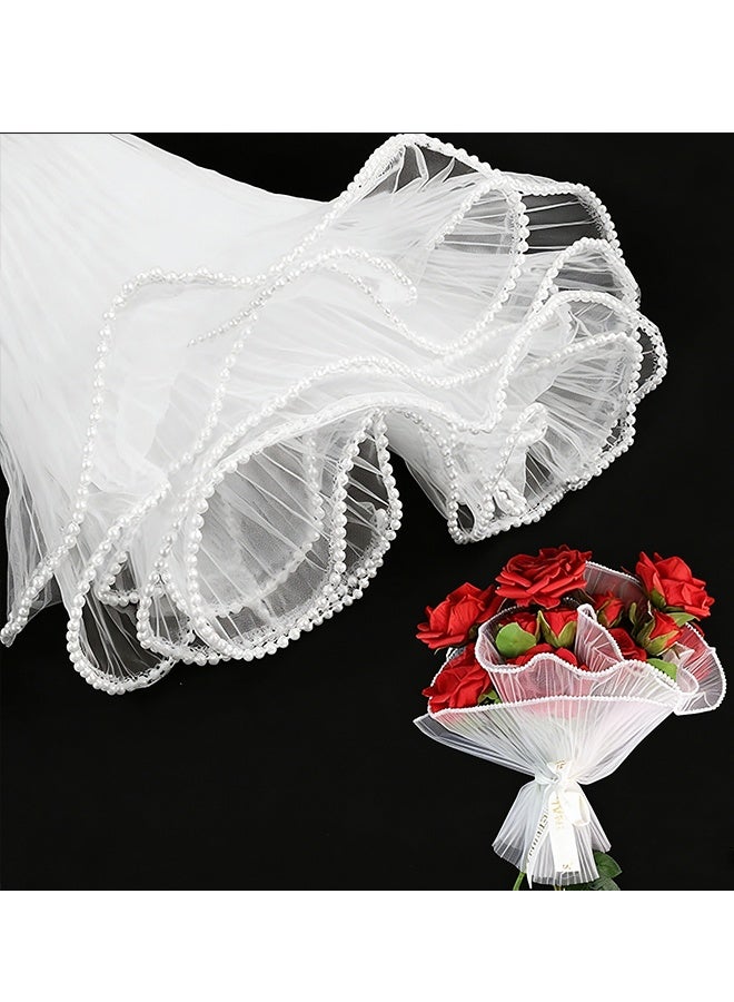 Happy D 4 Yards 28cm White Bouquet Wrapping Mesh Paper Pearl Edge Wrinkled Wavy Net Yarn Flower Wrapping Paper for DIY Crafts Valentine's Day Mother's Day Wedding Florist Supplies - Image 1